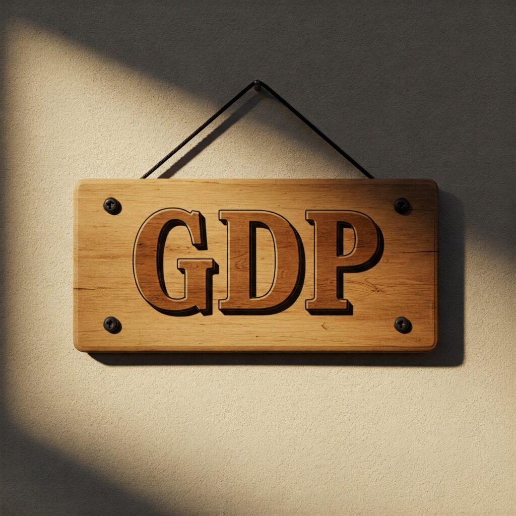: A wooden sign with "GDP" engraved on it, hanging on a textured wall with a shadow cast on the side.