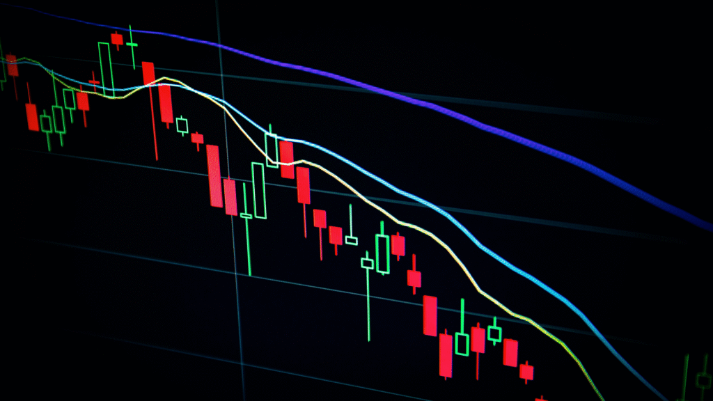 Candlestick chart showing stock price movement with trend lines, representing stock market investing for beginners.