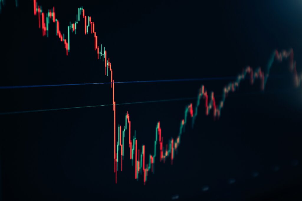 A stock market chart showing a sharp decline followed by a volatile recovery.