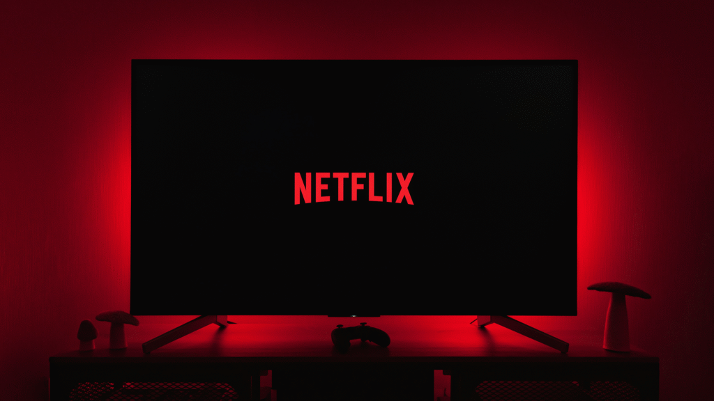 The iconic Netflix logo glows prominently on a black screen, with a vibrant red light emanating from behind, symbolizing the digital presence and innovative spirit of leading subscription businesses.