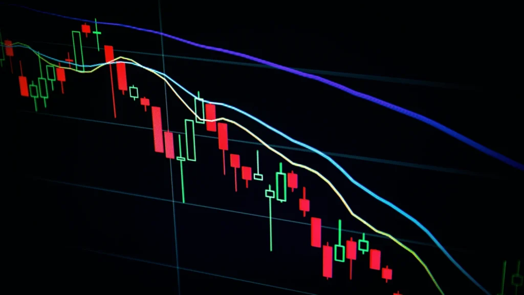 Candlestick chart showing stock price movement with trend lines, representing stock market investing for beginners.