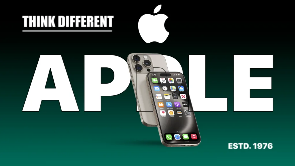 Apple case study featured image showing iPhones over bold Apple text with Think Different slogan and Apple logo