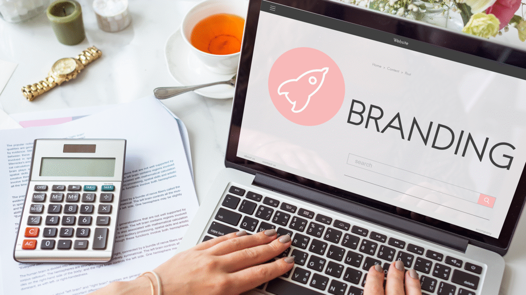 A person working on a laptop displaying the word "Brand" on the screen, with a diary open beside them containing handwritten branding notes, illustrating the psychology of branding in action.