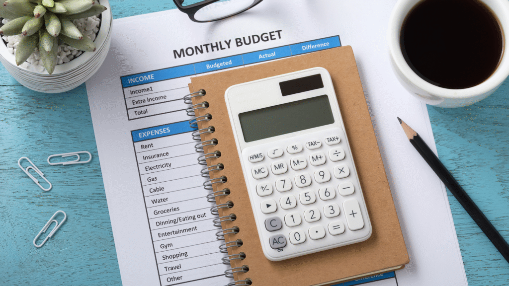 Overhead view of a desk setup for budgeting, featuring a budgeting chart with figures, calculator, cup of tea, pencil, and eyeglasses.
