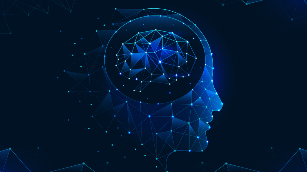 Vector illustration of a human head with a glowing blue brain, symbolizing neuromarketing and subconscious customer behavior influence.