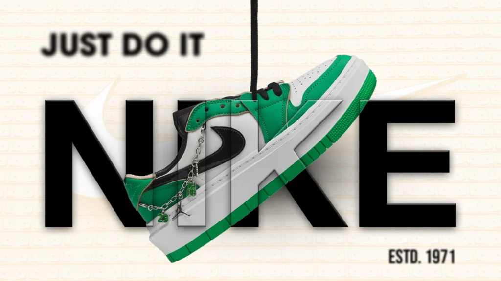 Green and white Nike sneaker with bold NIKE text and "Just Do It" slogan, symbolizing Nike's brand journey