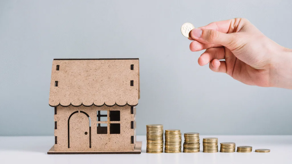 A hand arranging stacks of coins in increasing height like dominoes, leading to a small house at the end, symbolizing financial growth and goals through saving and investing.