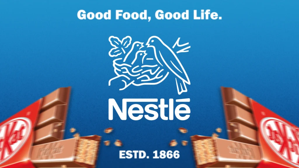 Nestlé Case Study with Nestlé logo, Good Food Good Life tagline, KitKat chocolate bars, and ESTD 1866 on a blue background highlighting Nestlé’s global brand journey.