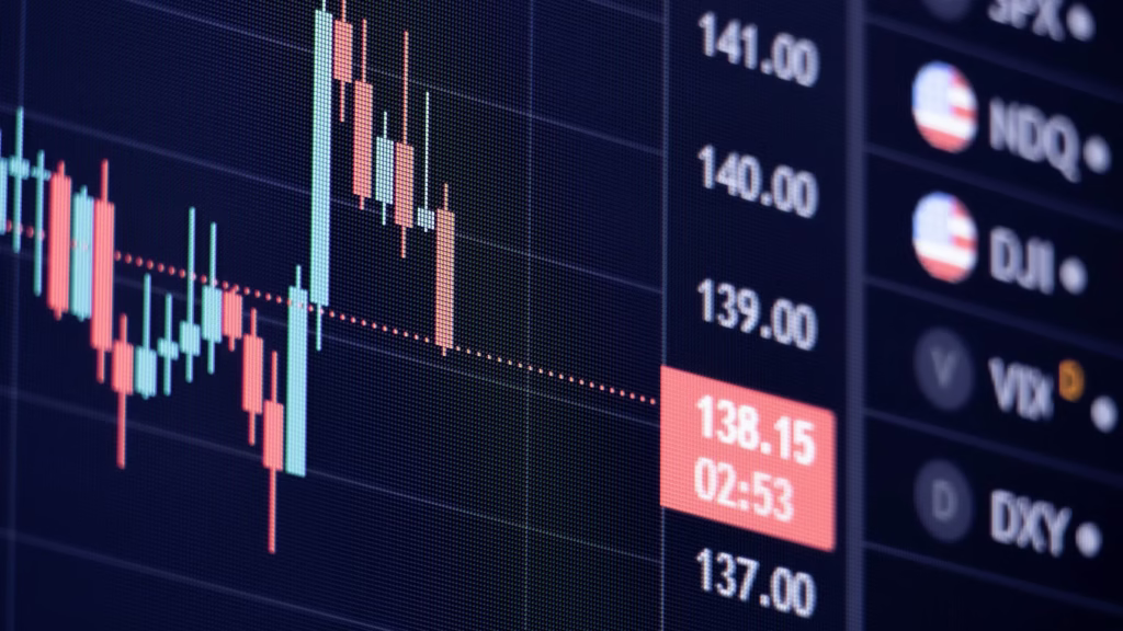 Stock trading screen displaying candlestick chart with red and green price bars, real-time stock prices, and ticker symbols - explaining what stocks are and how they trade