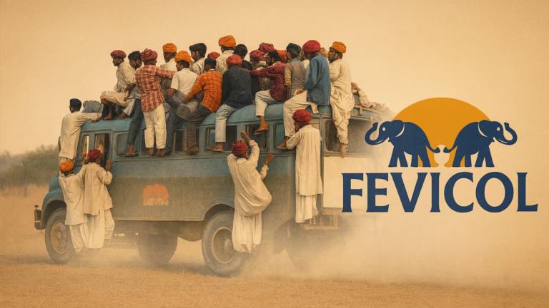 Fevicol iconic overloaded bus advertising campaign showing humor in Indian marketing that built 70% market share and made simple adhesive brand culturally beloved across India