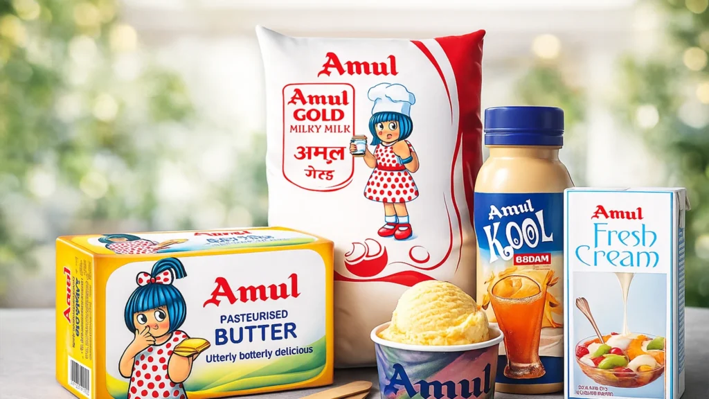 Amul dairy products showing cooperative model that empowered 3.6 million farmers building ₹72,000 crore revenue empire with 40% market share through farmer-owned business structure