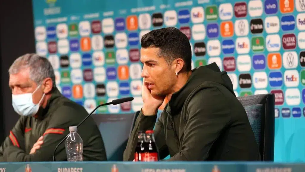 Cristiano Ronaldo Coca Cola press conference Euro 2020 June 2021 Budapest Portugal Hungary water bottles UEFA sponsor incident