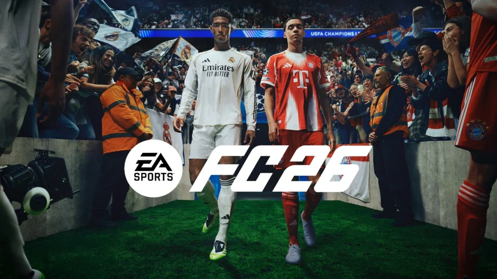 EA Sports FC 25 promotional artwork showing Jude Bellingham and Jamal Musiala walking onto pitch with FC25 logo displayed prominently