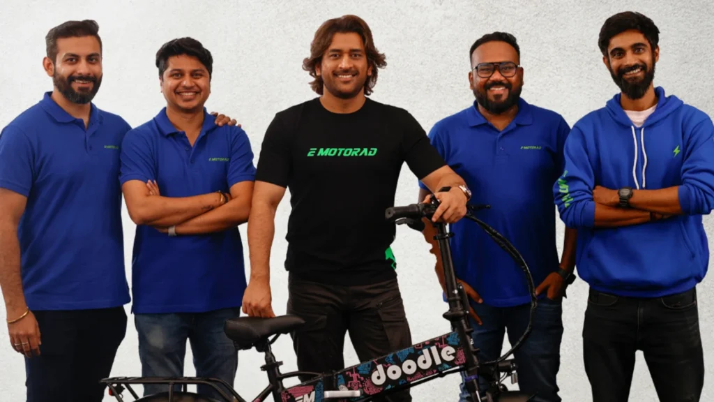 MS Dhoni with EMotorad electric cycle team founders showcasing India's leading e-bike brand where former cricket captain invested as brand ambassador and stakeholder in the booming electric vehicle market worth over 600 crore