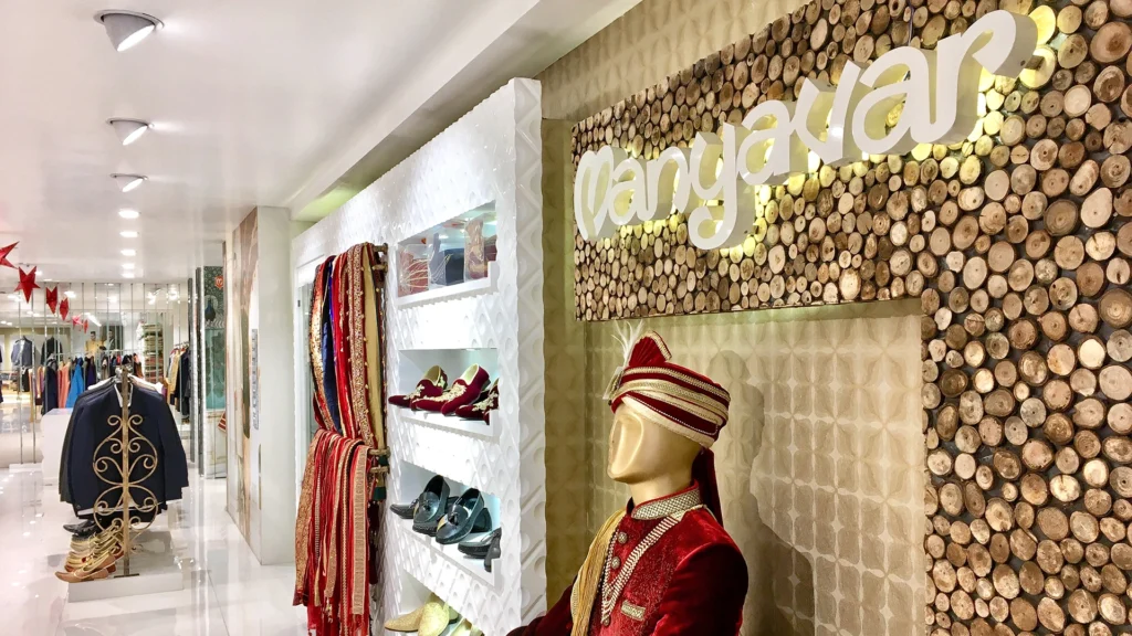 Manyavar retail store interior displaying ethnic menswear collection demonstrating brand's premium positioning and wedding market dominance in Indian fashion