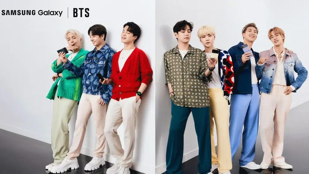 BTS members holding Samsung Galaxy smartphones in colorful outfits as global brand ambassadors showcasing youth marketing success