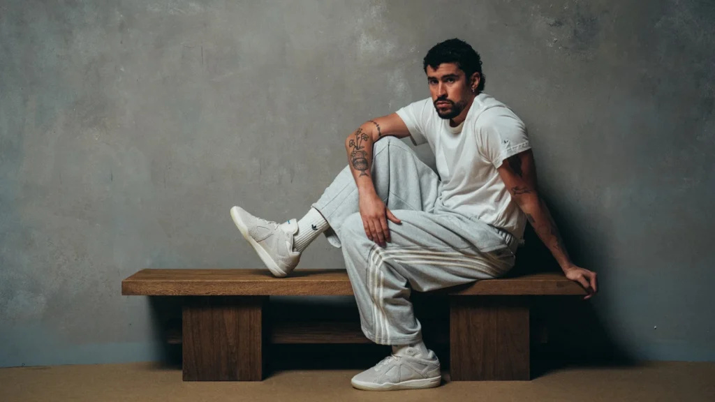 Bad Bunny sitting on wooden bench wearing Adidas sneakers and grey tracksuit in minimalist campaign photoshoot