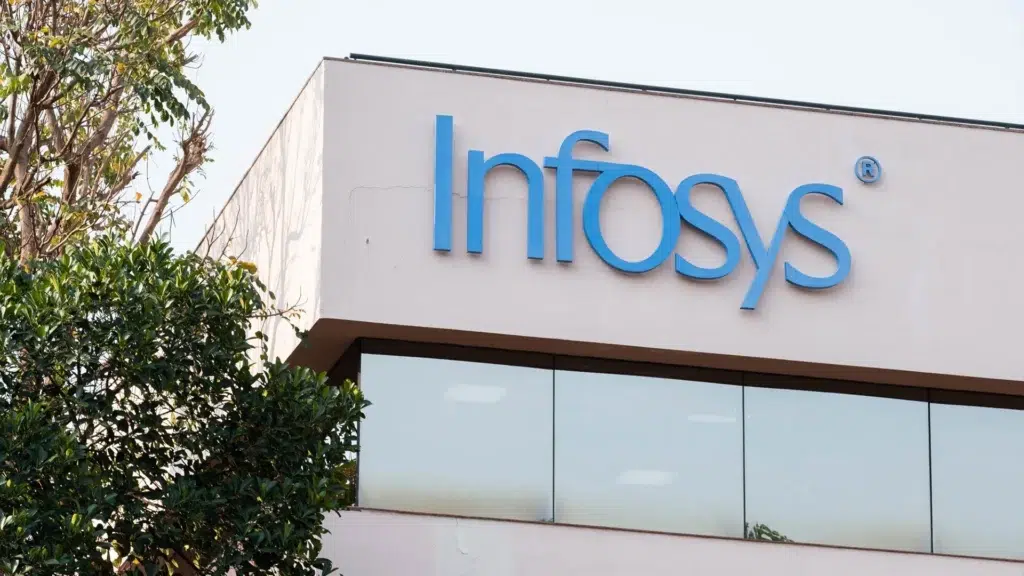 Infosys corporate office building with blue signage representing India's second-largest IT services company and pioneer of the Global Delivery Model
