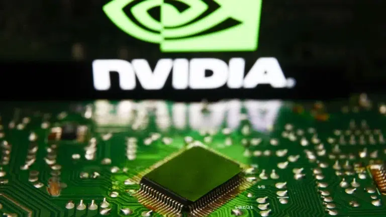 Nvidia AI chip on circuit board with company logo demonstrating semiconductor dominance in artificial intelligence computing and GPU market leadership