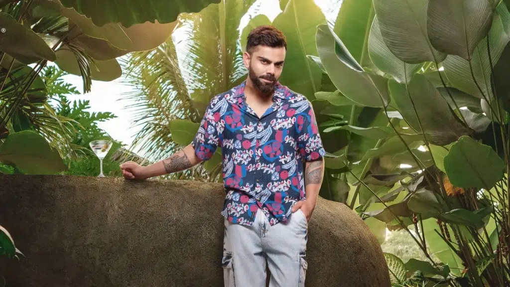 Virat Kohli wearing WROGN casual shirt showcasing the youth fashion brand he co-created with Anjana Reddy in 2014