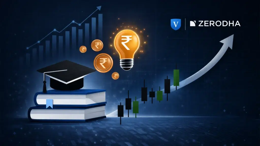 Zerodha Varsity financial education platform with rupee symbols, stock market charts and graduation cap representing India's largest free investing resource