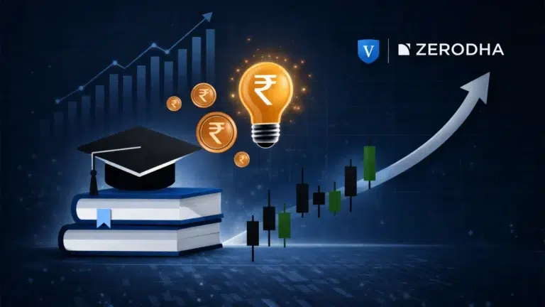 Zerodha Varsity financial education platform with rupee symbols, stock market charts and graduation cap representing India's largest free investing resource