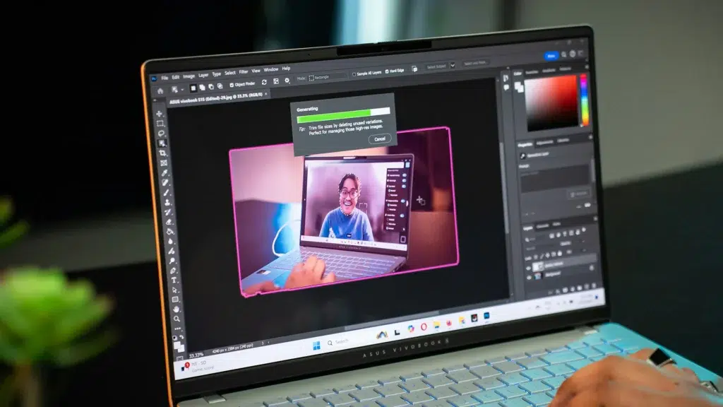 Adobe Photoshop open on ASUS laptop showing Creative Cloud subscription generating dialog