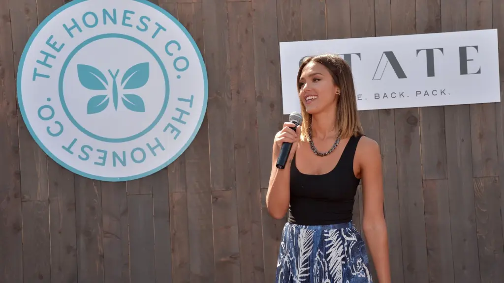 Jessica Alba speaking at a The Honest Company brand event, representing the clean consumer goods company she co-founded in 2011 and took public in 2021